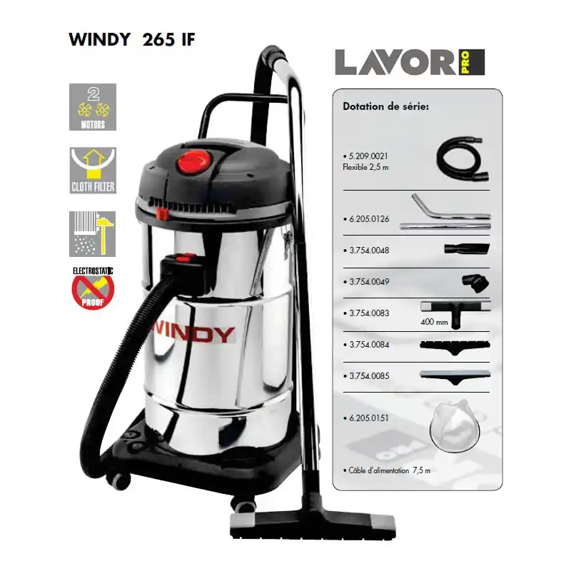 Aspirateur eau et poussières WINDY 265 IF 2400W 65L 130L/s Lavor Pro