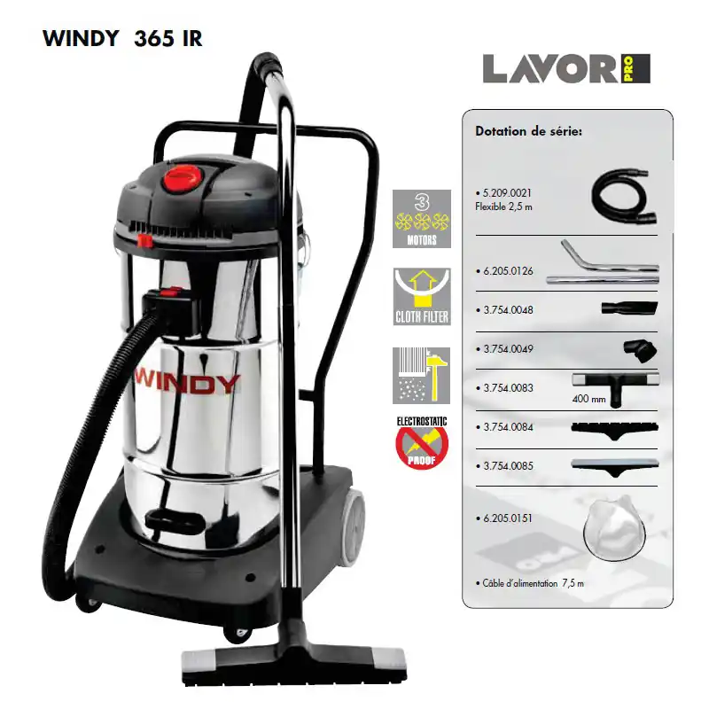 Aspirateur eau et poussières Windy 365 IR en inox 3600W 65L Lavor Pro