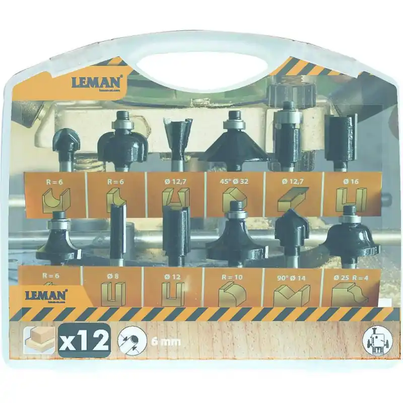 Coffret 12 mèches de défonceuse carbure assorties queue 6mm Leman
