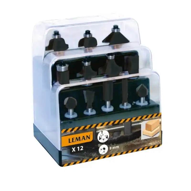 Coffret 12 Mèches de défonceuse carbure assorties queue 8mm Leman