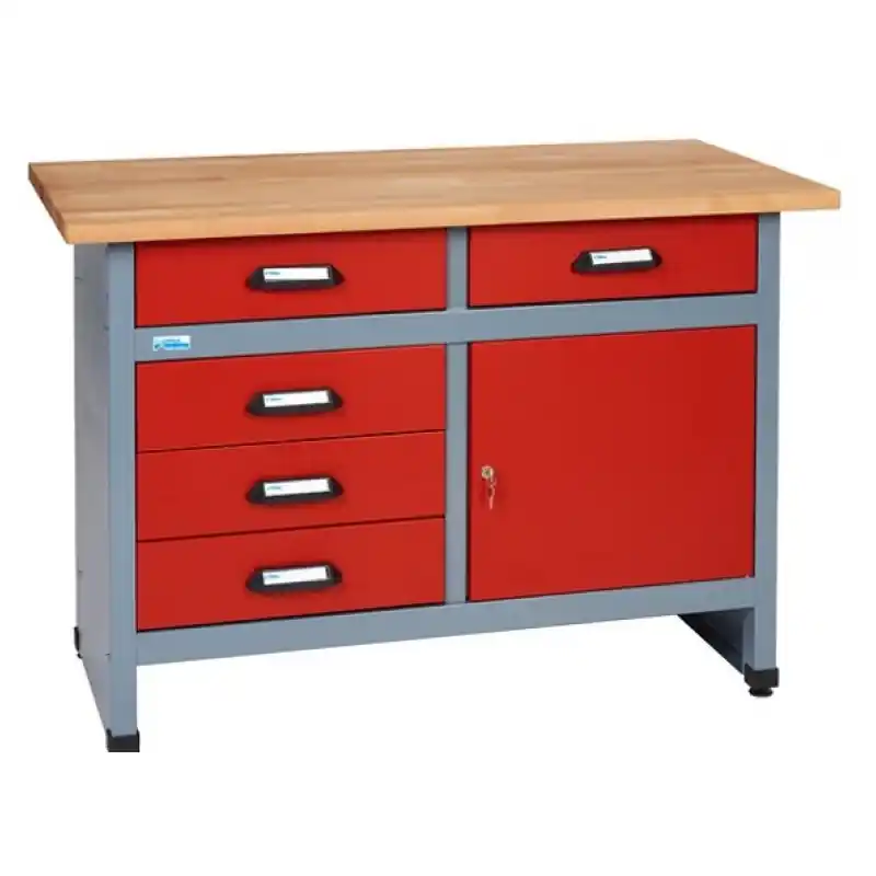 Établi Küpper 12042 rouge 120cm, 1 porte 5 tiroirs, plateau bois hêtre massif, structure métallique