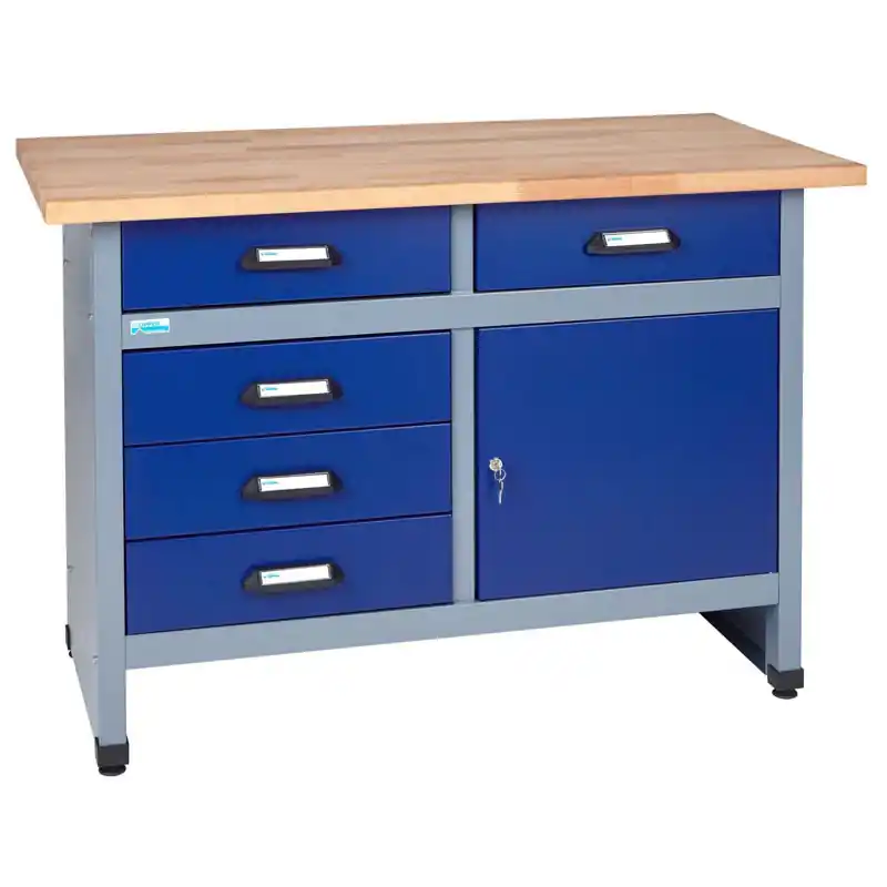 Établi Küpper 12047 bleu 120cm, 1 porte 5 tiroirs, plateau bois hêtre massif, structure métallique