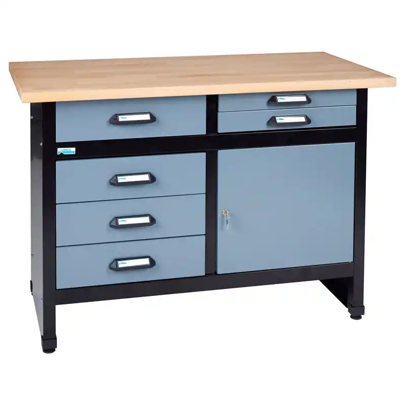 Établi Küpper 12246 gris 120cm, 1 porte 6 tiroirs, plateau bois hêtre massif, structure métallique