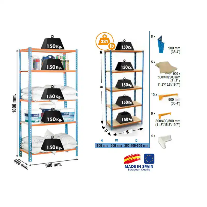 Etagère Maderclick 5/400 180x90x40cm bleu-orange-bois 150Kg SimonRack