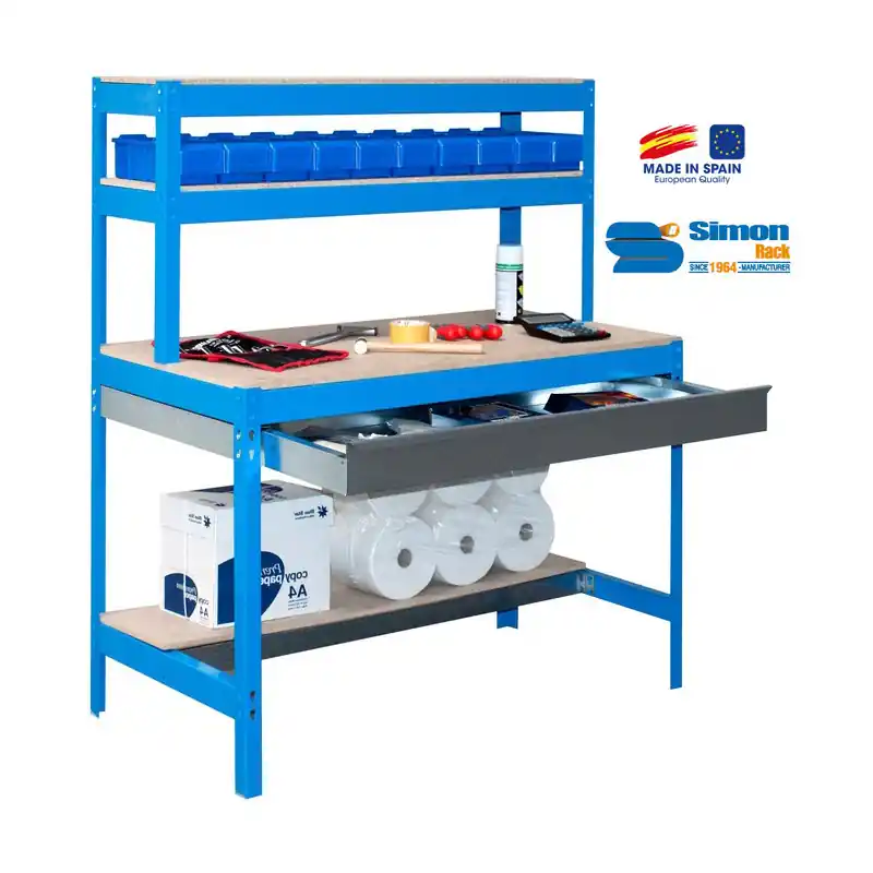 Kit établi BT-1 BOX 1200 BLEU/BOIS + tiroir 1445x1210x610mm SimonRack