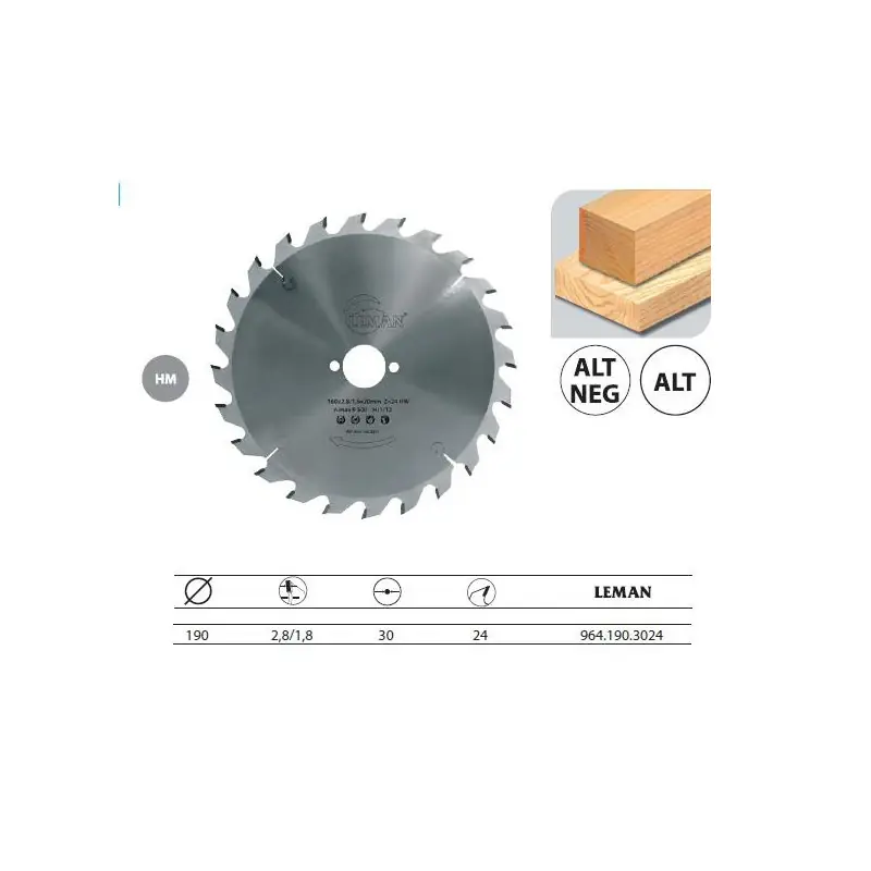 Lame carbure portative D.190x30mm 24 dents alt. pour bois Leman