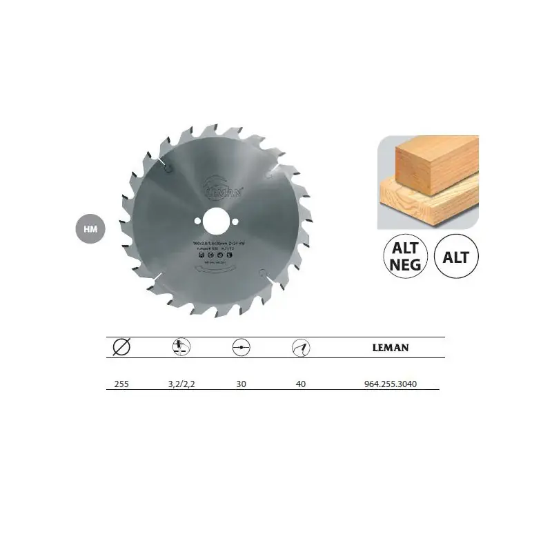 Lame carbure portative D.255x30mm 40 dents alt. pour bois Leman
