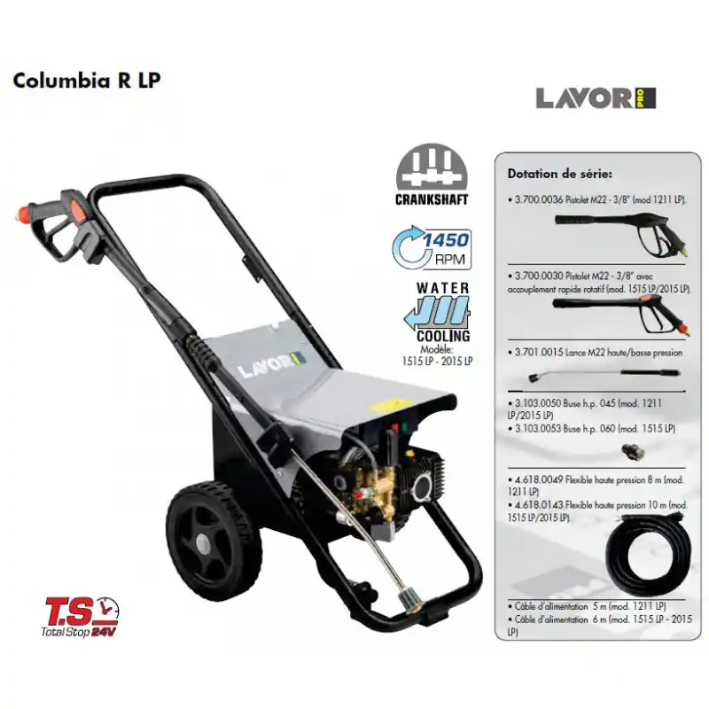 Nettoyeur haute pression 200 Bars 7000W 900L/h sans enrouleur COLUMBIA