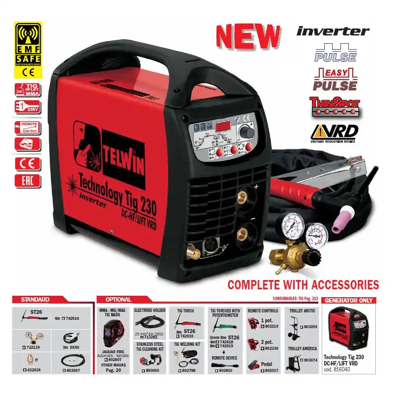 Poste soudage Inverter TIG 230V accessoires TECHNOLOGY TIG230 DC-HF/LI
