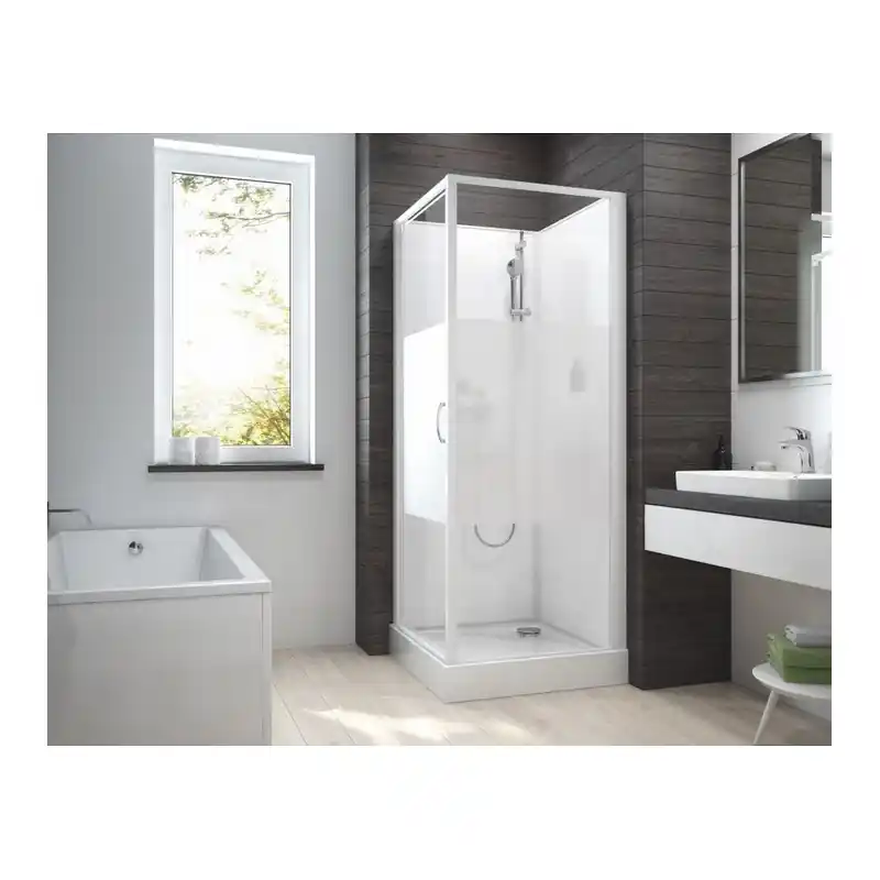 Cabine de douche carré 90x90cm porte pivotante verre opaque central IZ