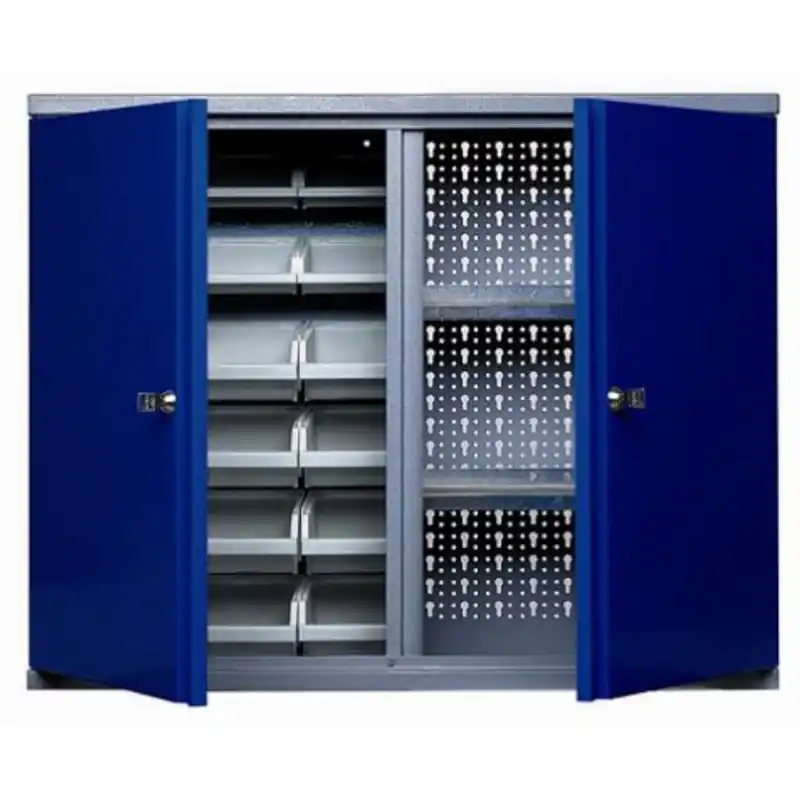 Armoire Bleu marine 2 ptes 2 étagères 18 boites de rangement Kupper