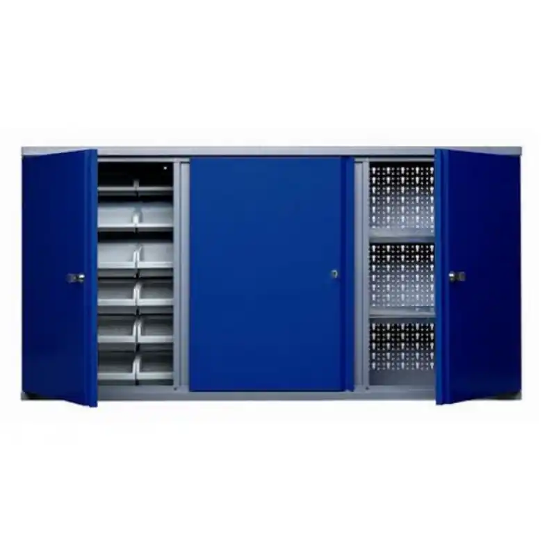 Armoire murale bleu marine 3 portes 2 étagères 18 boites Kupper