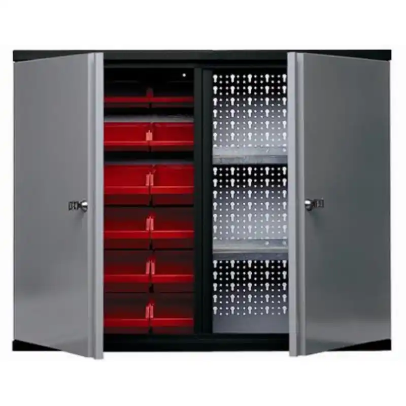 Armoire murale 2 portes 2 étagères et 18 boites de rangement Gris
