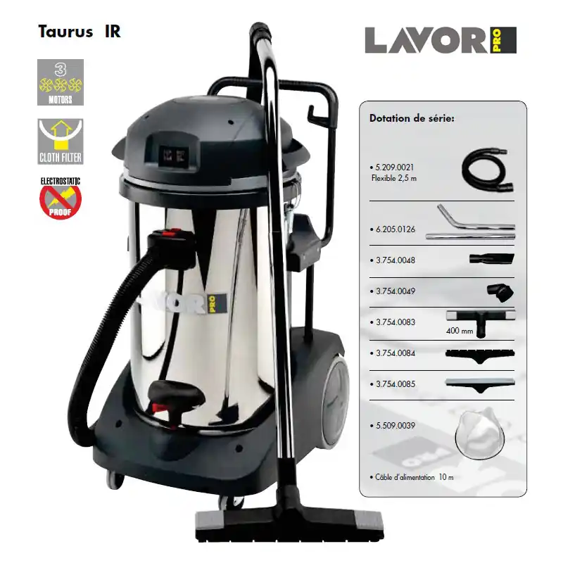 Aspirateur eau et poussières en inox 3600W 78L 162l/s TAURUS IR