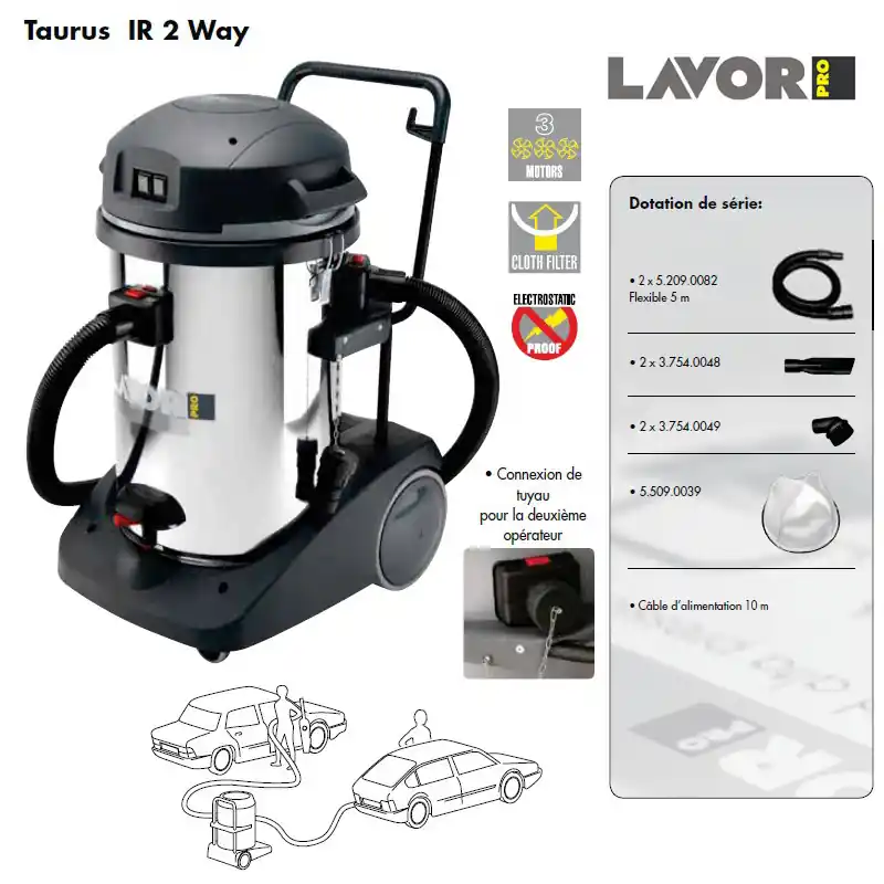 Aspirateur eau et poussières en inox 3600W 78L 162l/s TAURUS IR 2 WAY