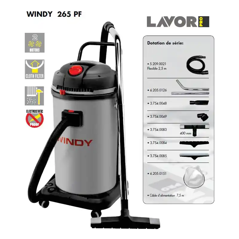 Aspirateur eau et poussières 2400W 2 moteurs 65L 130l/s WINDY 265 PF
