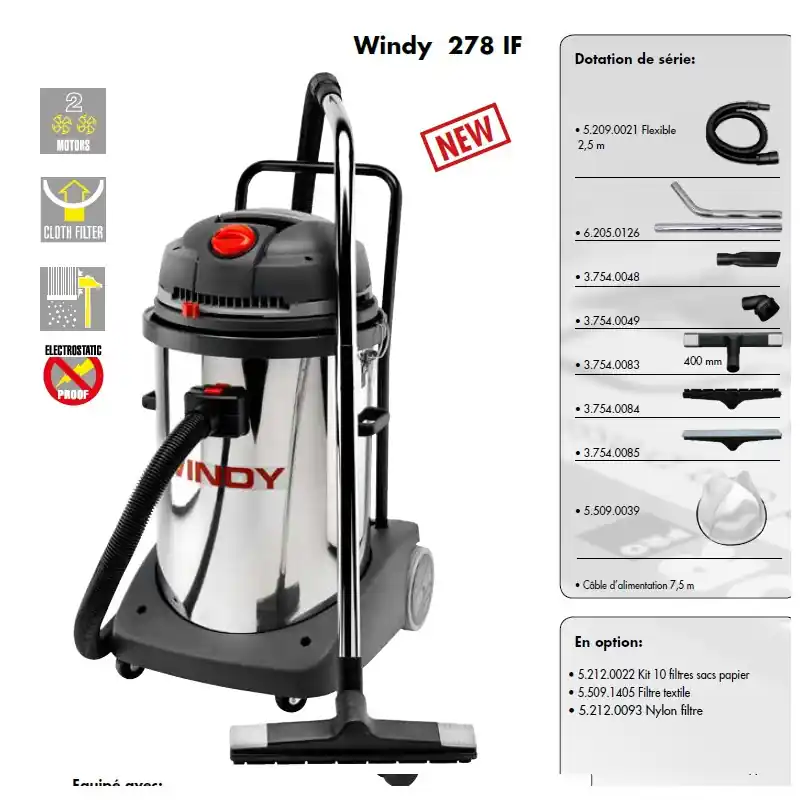 Aspirateur eau et poussières 2 moteurs 2000W 78 l./ WINDY 278 PF